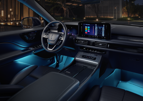 Deep blue ambient lighting glows from various places within a 2025 Lincoln Aviator® SUV. | J.C. Lewis Lincoln in Savannah GA
