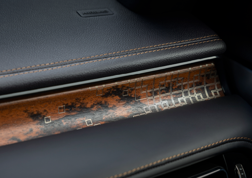 A close-up shot of the 2025 Lincoln Aviator® dashboard with unique black and brown accents, and brown stitching. | J.C. Lewis Lincoln in Savannah GA