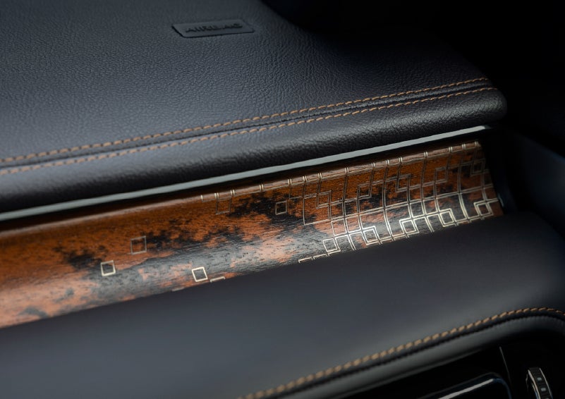 A close-up shot of the 2026 Lincoln Aviator® dashboard with unique black and brown accents and brown stitching. | J.C. Lewis Lincoln in Savannah GA